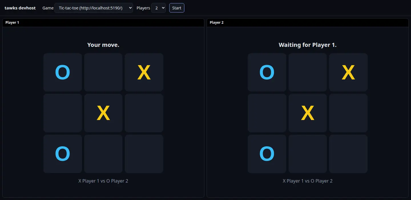 devhost running the tic-tac-toe example with two players side by side, mid-game