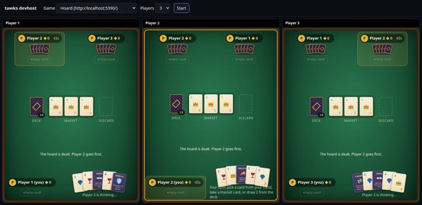 Hoard running in devhost with three players. Each frame shows the same table, with only that player's own hand face up