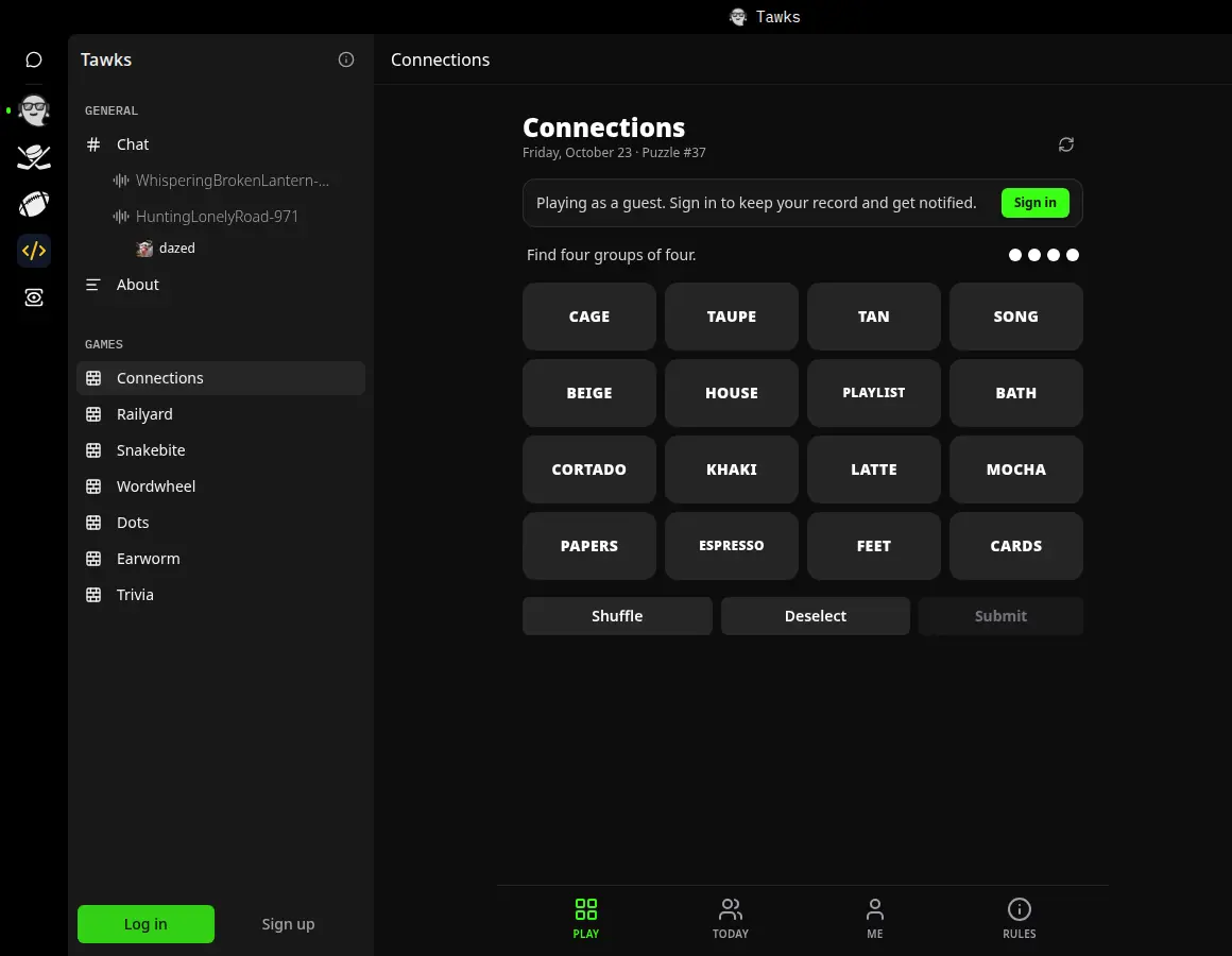 The Connections channel in the Tawks niche: the channel list on the left, and the daily puzzle a bot draws with a workflow on the right