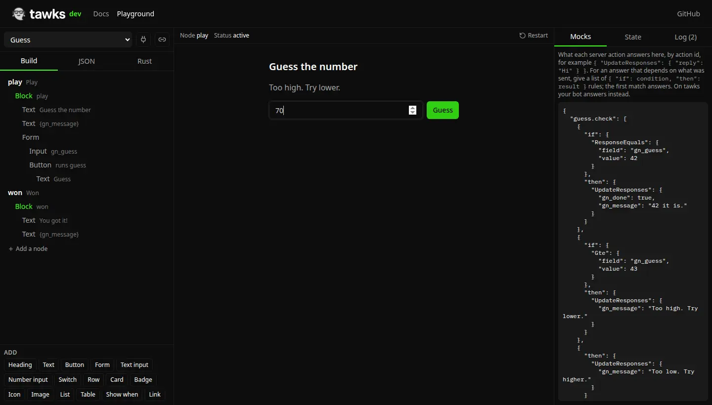 The playground running the Guess template: the page outline on the left, the page in the middle, and the server action's mock rules on the right
